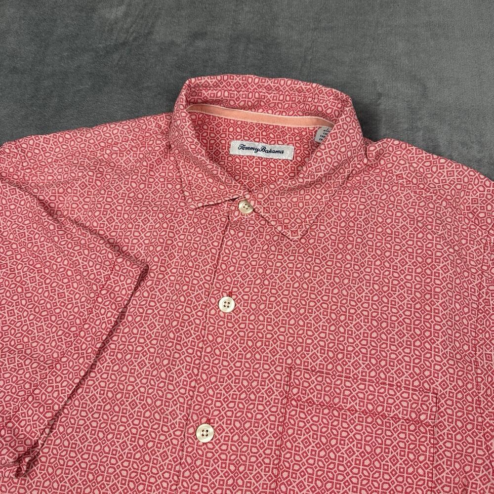Tommy Bahama Button Up Shirt Mens Large 100% Silk Coral Red Geometric Tile